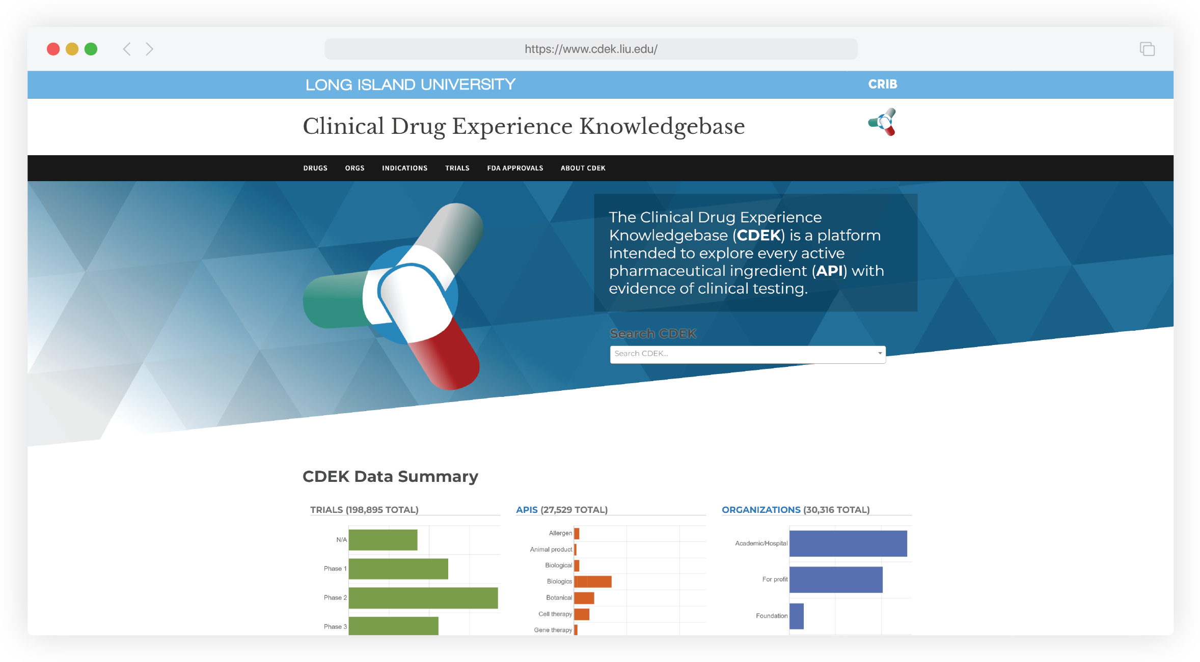 Screenshot of Clinical Drug Experience Knowledgebase website